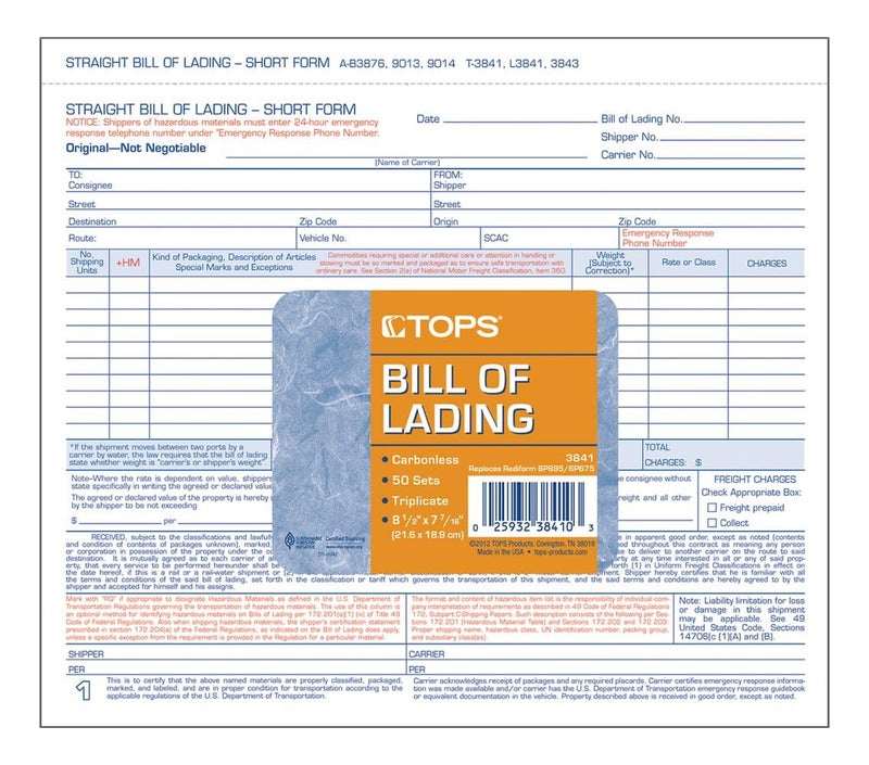 Tops Snap-Off Triplicate Bill Of Lading Short Form with Hazardous Material Info 50 Pack (3841),Blue; White,7 7/16 x 8 1/2 - Image 1